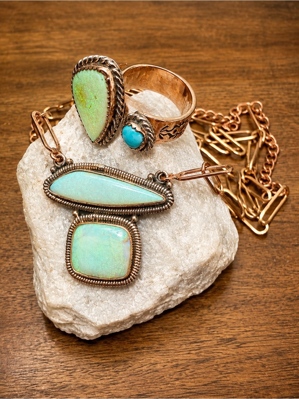 Handcrafted Opal Pendant Copper Necklace and Ring Set